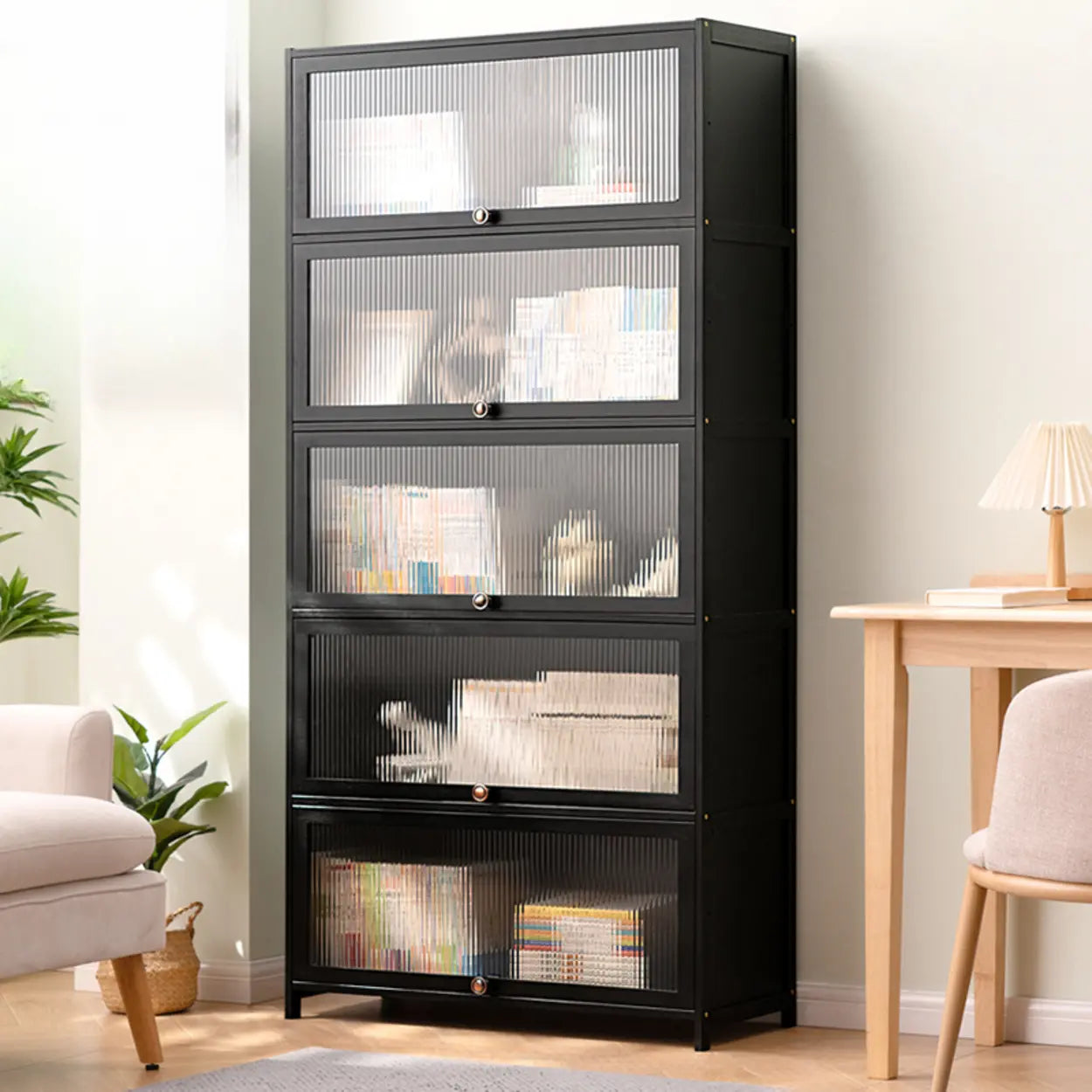 Black Closed-Back Wood Vertical Bookcase — Embossed Acrylic