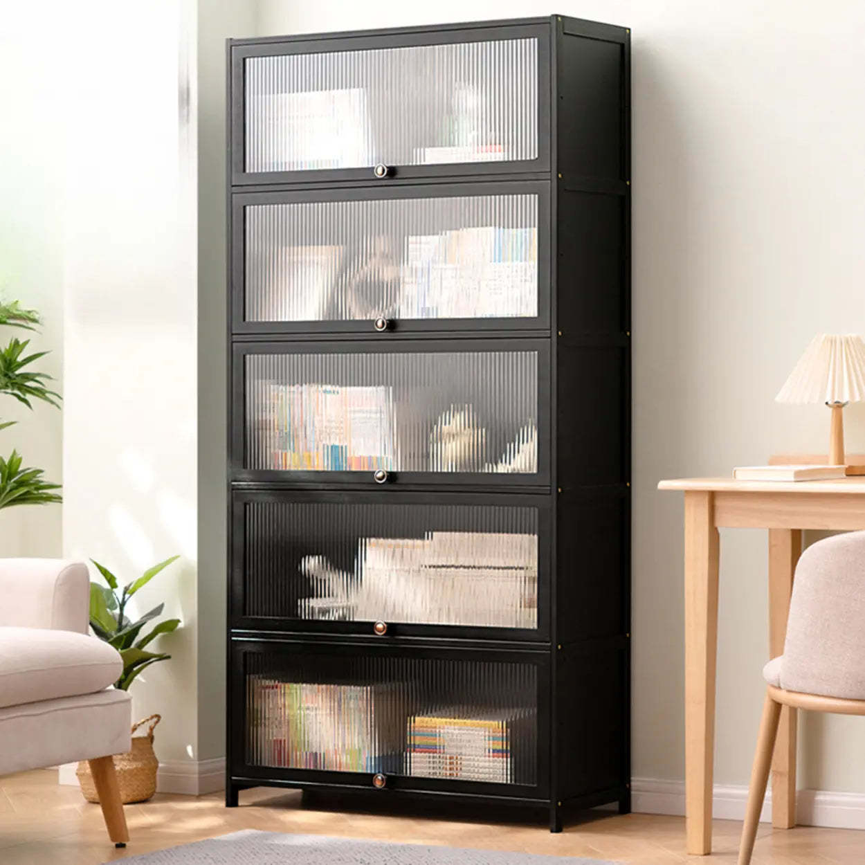 Black Closed-Back Wood Vertical Bookcase — Embossed Acrylic