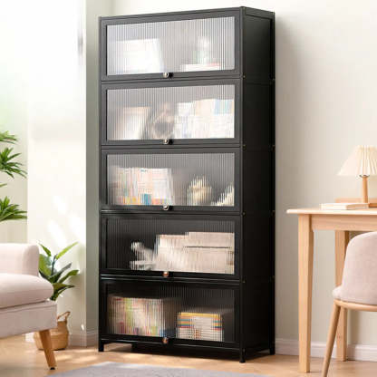 Black Closed-Back Wood Vertical Bookcase — Embossed Acrylic