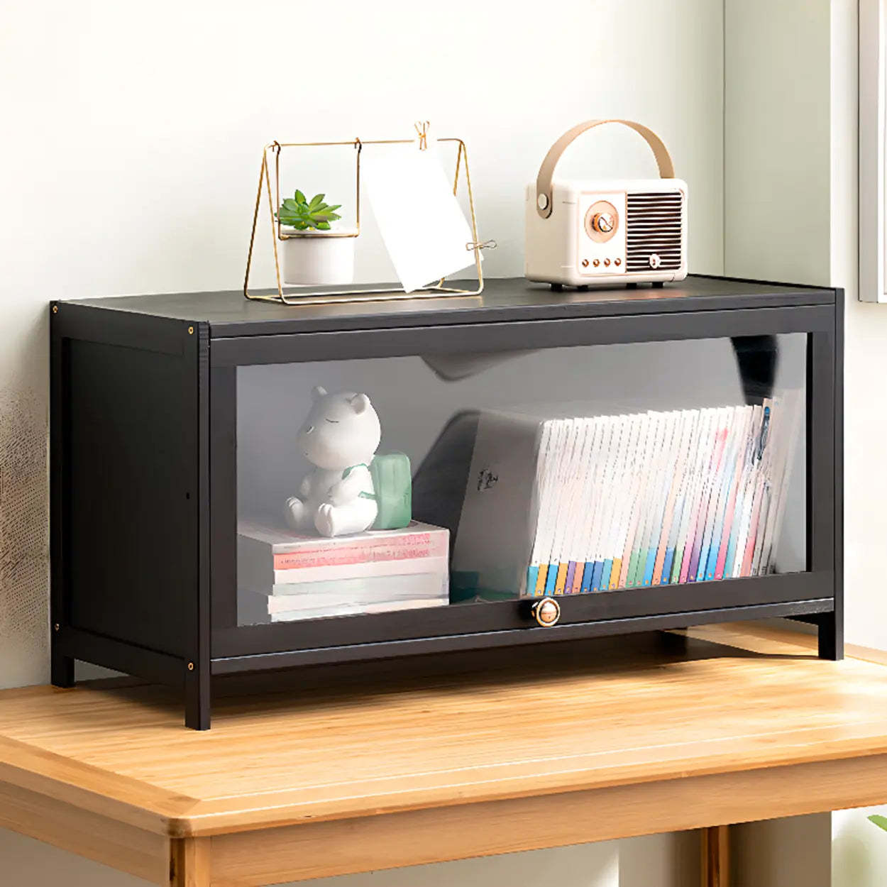 Black Closed-Back Wood Vertical Bookcase — Clear Acrylic