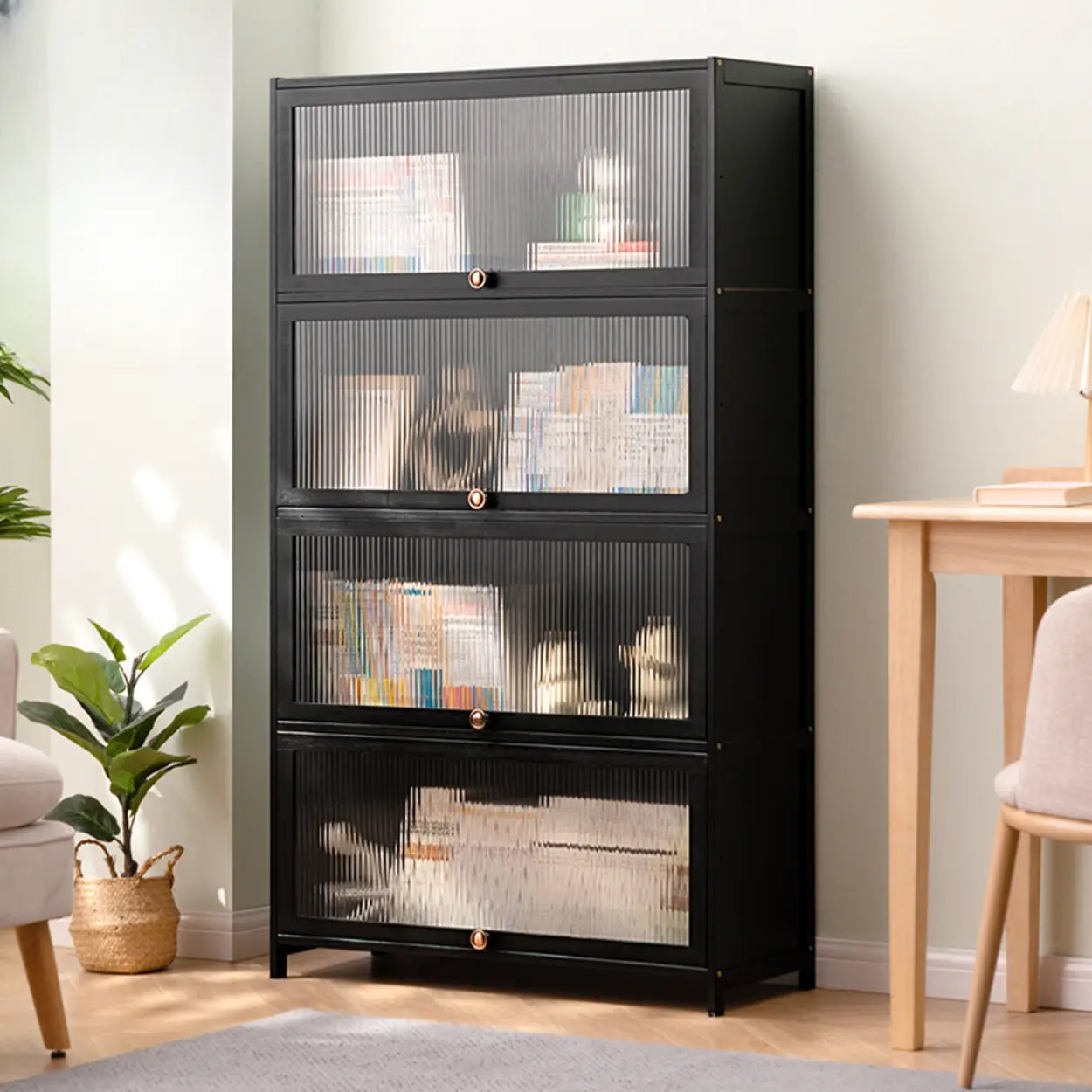 Black Closed-Back Wood Vertical Bookcase — Clear Acrylic