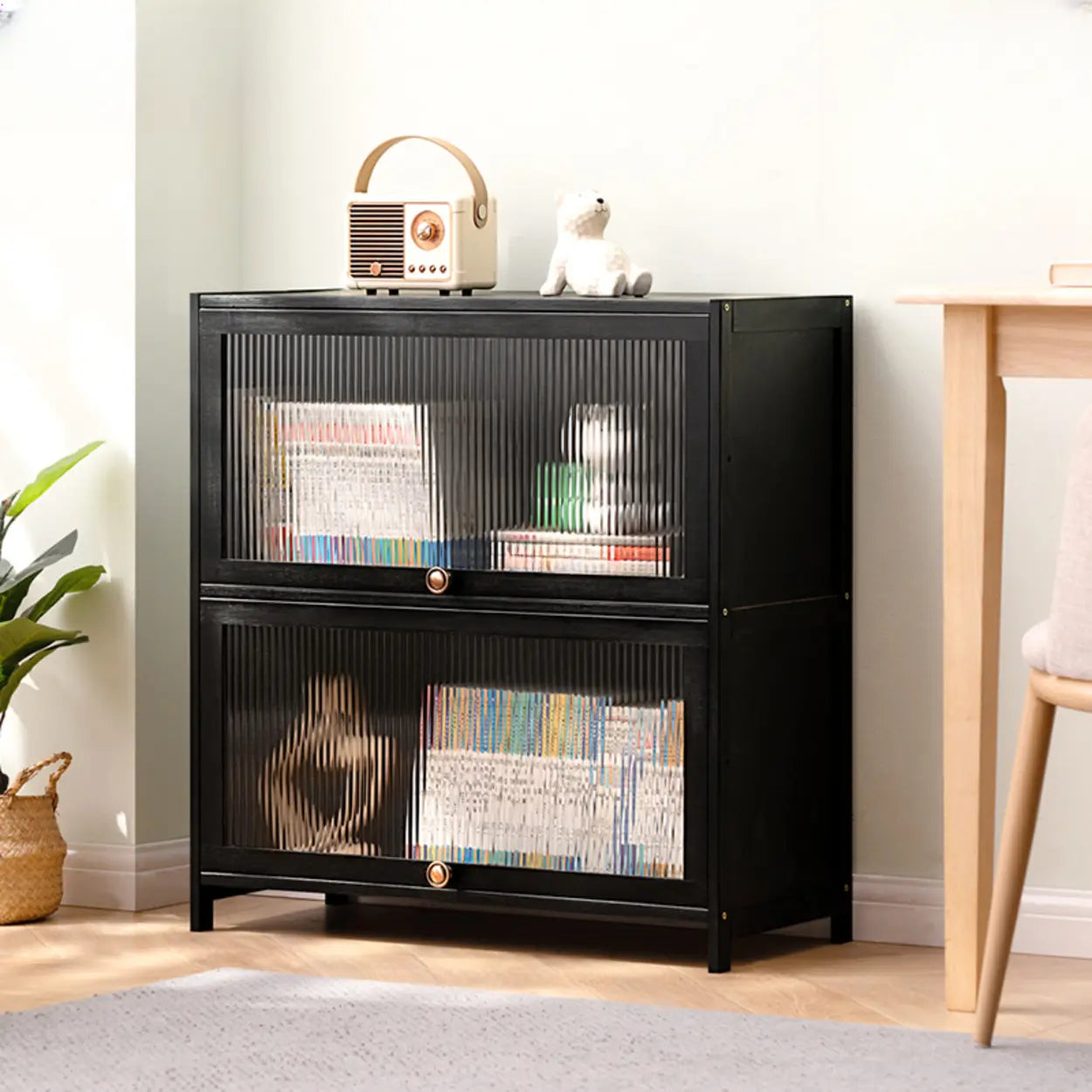 Black Closed-Back Wood Vertical Bookcase — Clear Acrylic