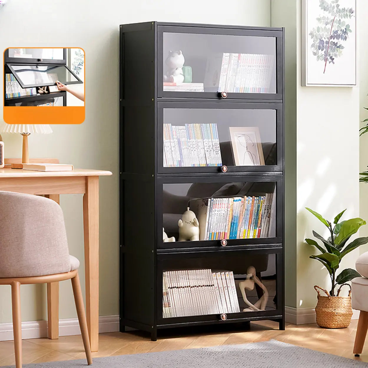 Black Closed-Back Wood Vertical Bookcase — Clear Acrylic