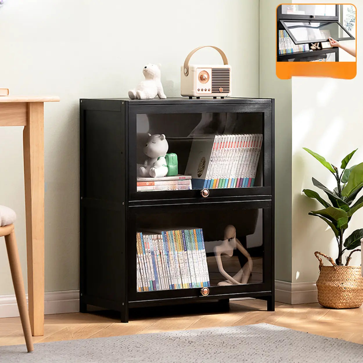 Black Closed-Back Wood Vertical Bookcase — Clear Acrylic
