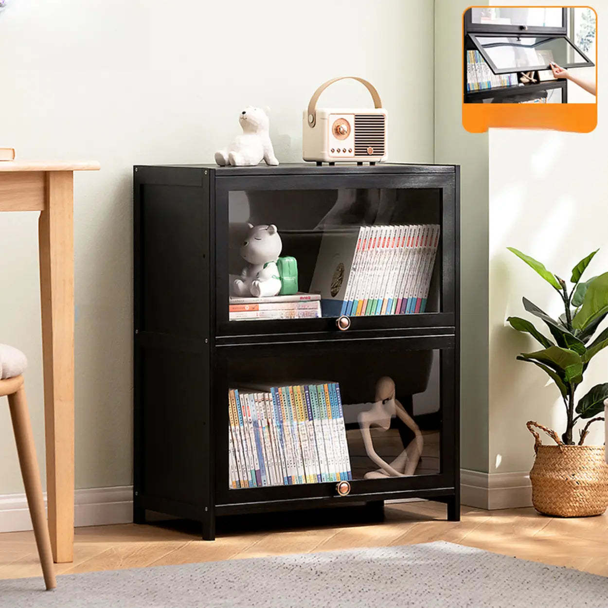 Black Closed-Back Wood Vertical Bookcase — Clear Acrylic