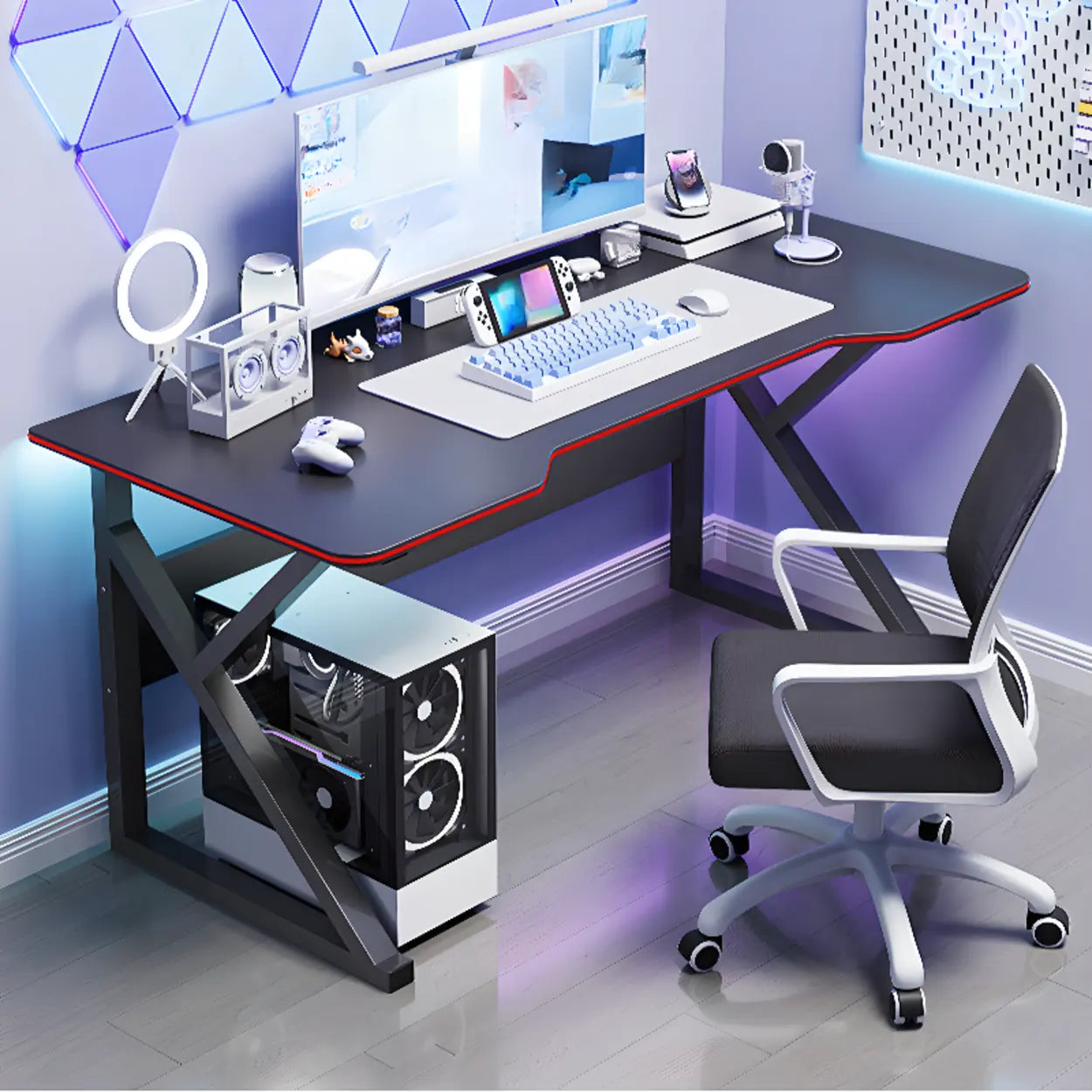 Black Cool Free-Form Wood Metal-Base Gaming Desk