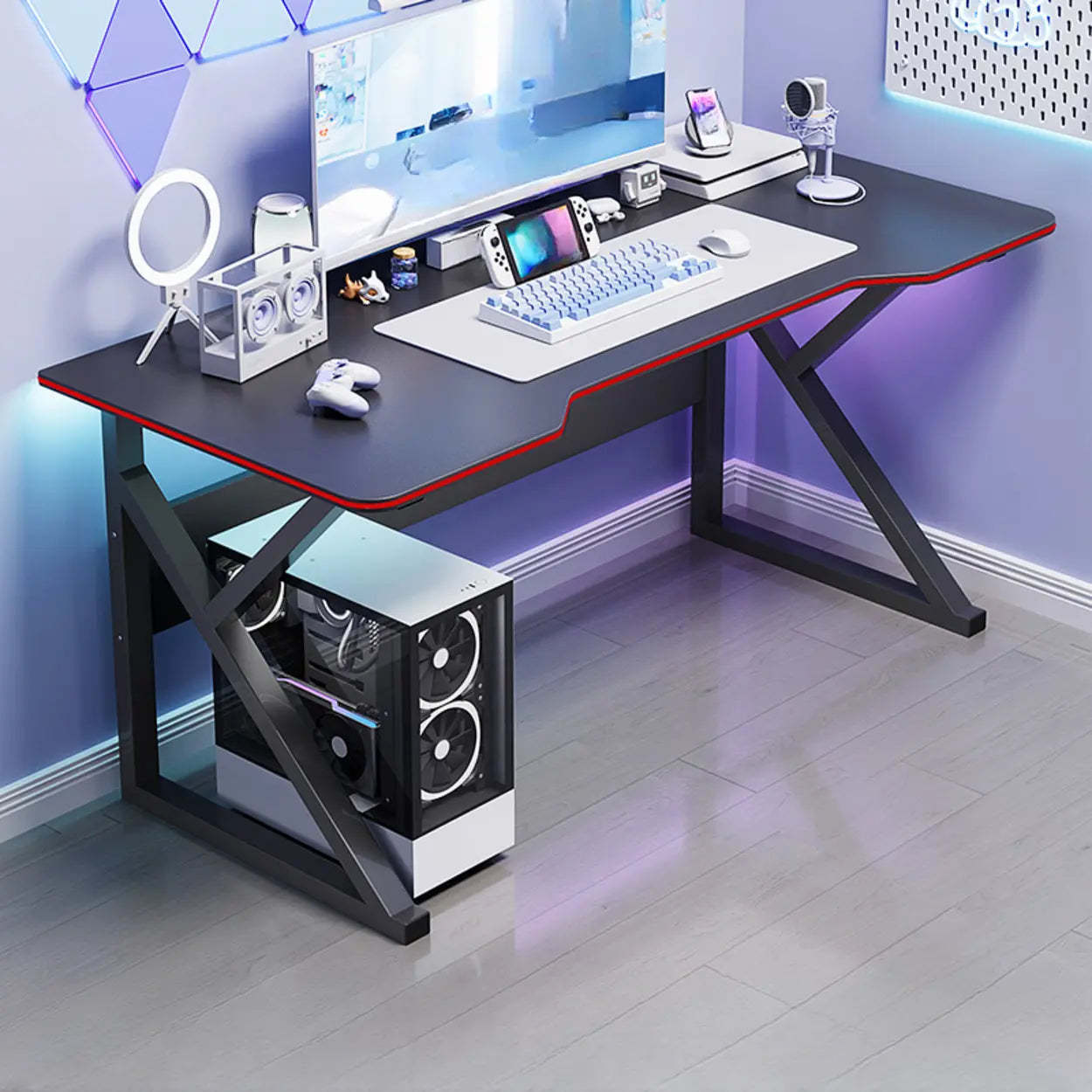 Black Cool Free-Form Wood Metal-Base Gaming Desk