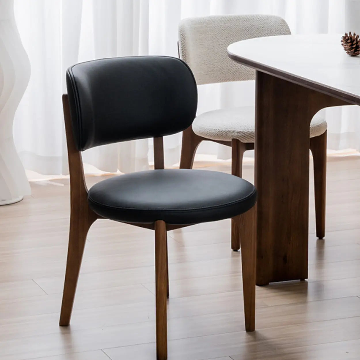 Black Curved-Back Leather Armless Wood Dining Chair