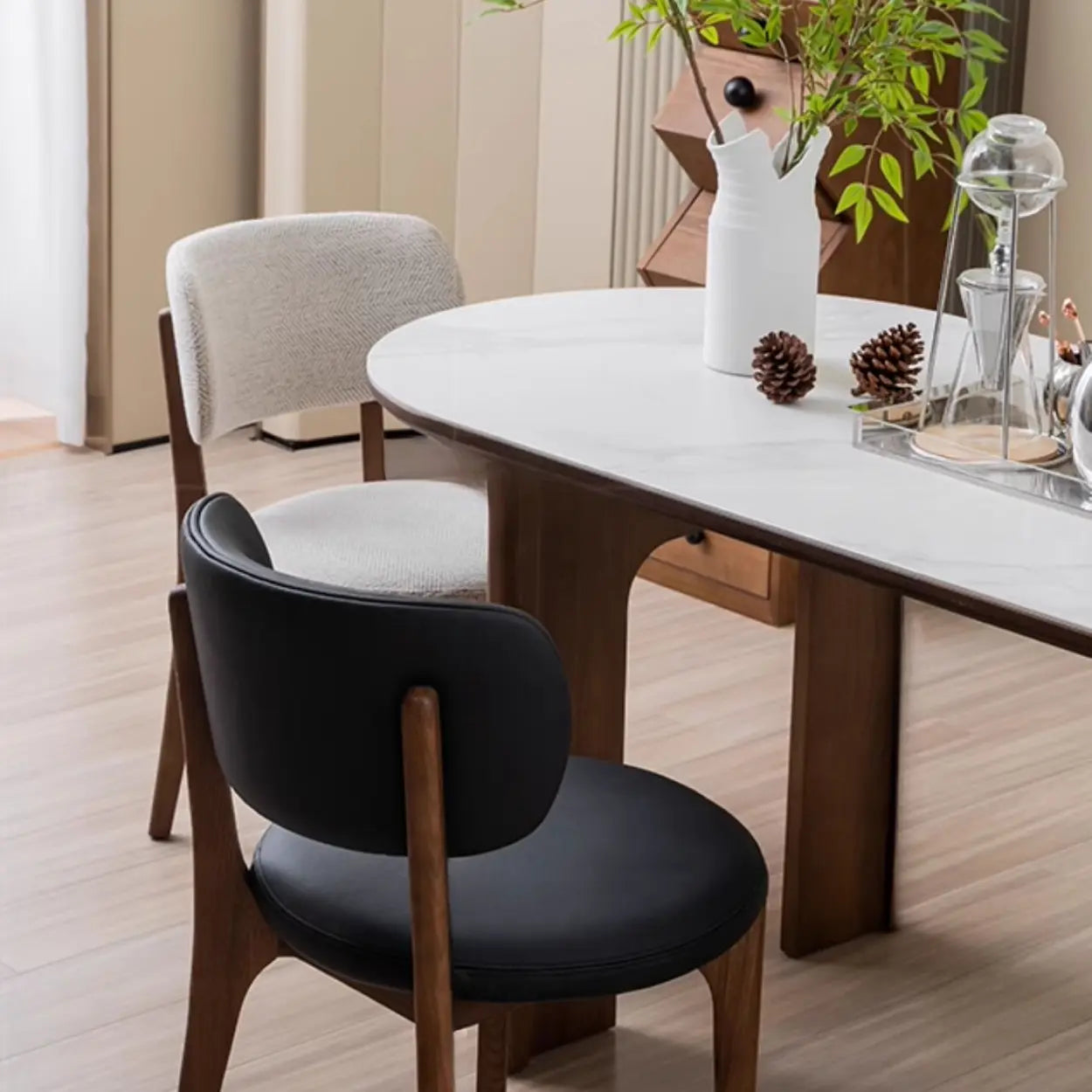Black Curved-Back Leather Armless Wood Dining Chair