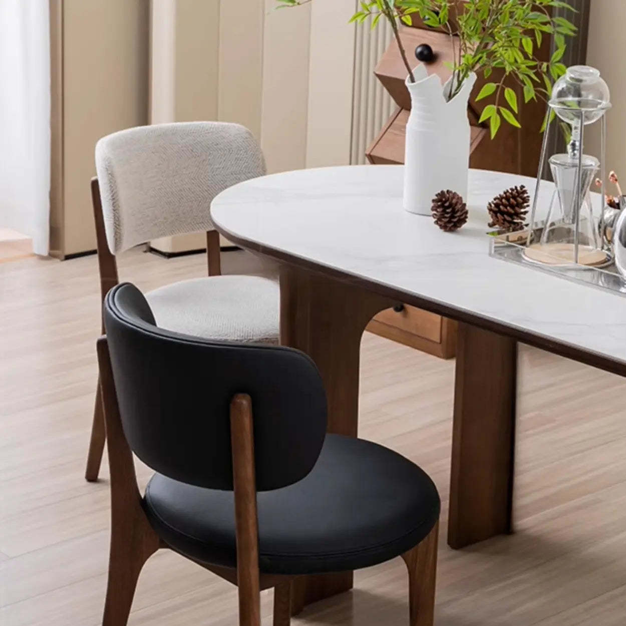 Black Curved-Back Leather Armless Wood Dining Chair