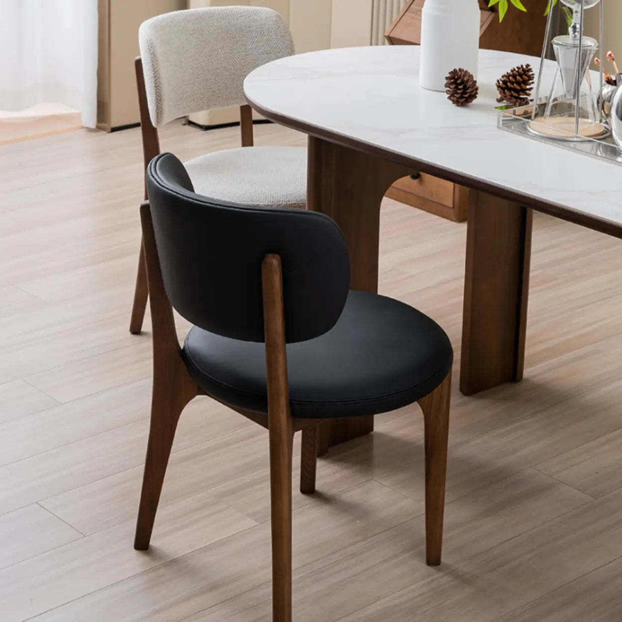 Black Curved-Back Leather Armless Wood Dining Chair