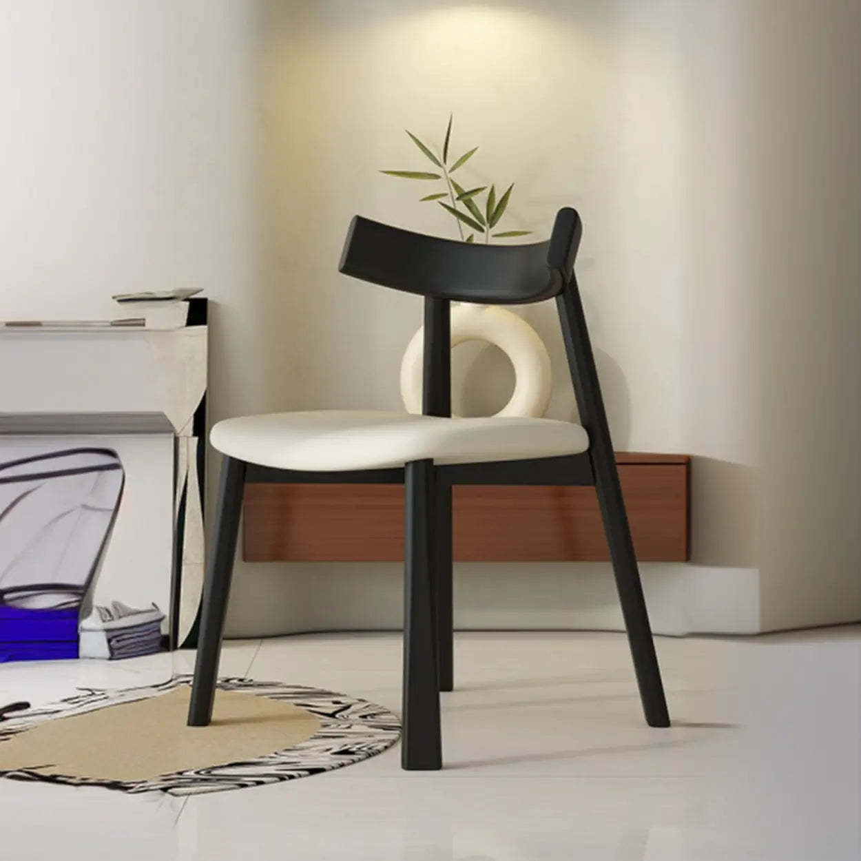 Black Curved-Back Upholstered Wood Dining Chair — White / Walnut