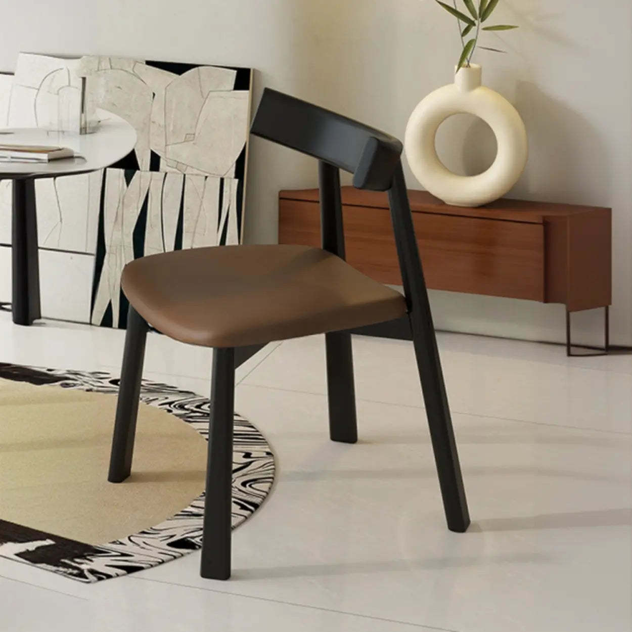 Black Curved-Back Upholstered Wood Dining Chair — Light Brown / Black