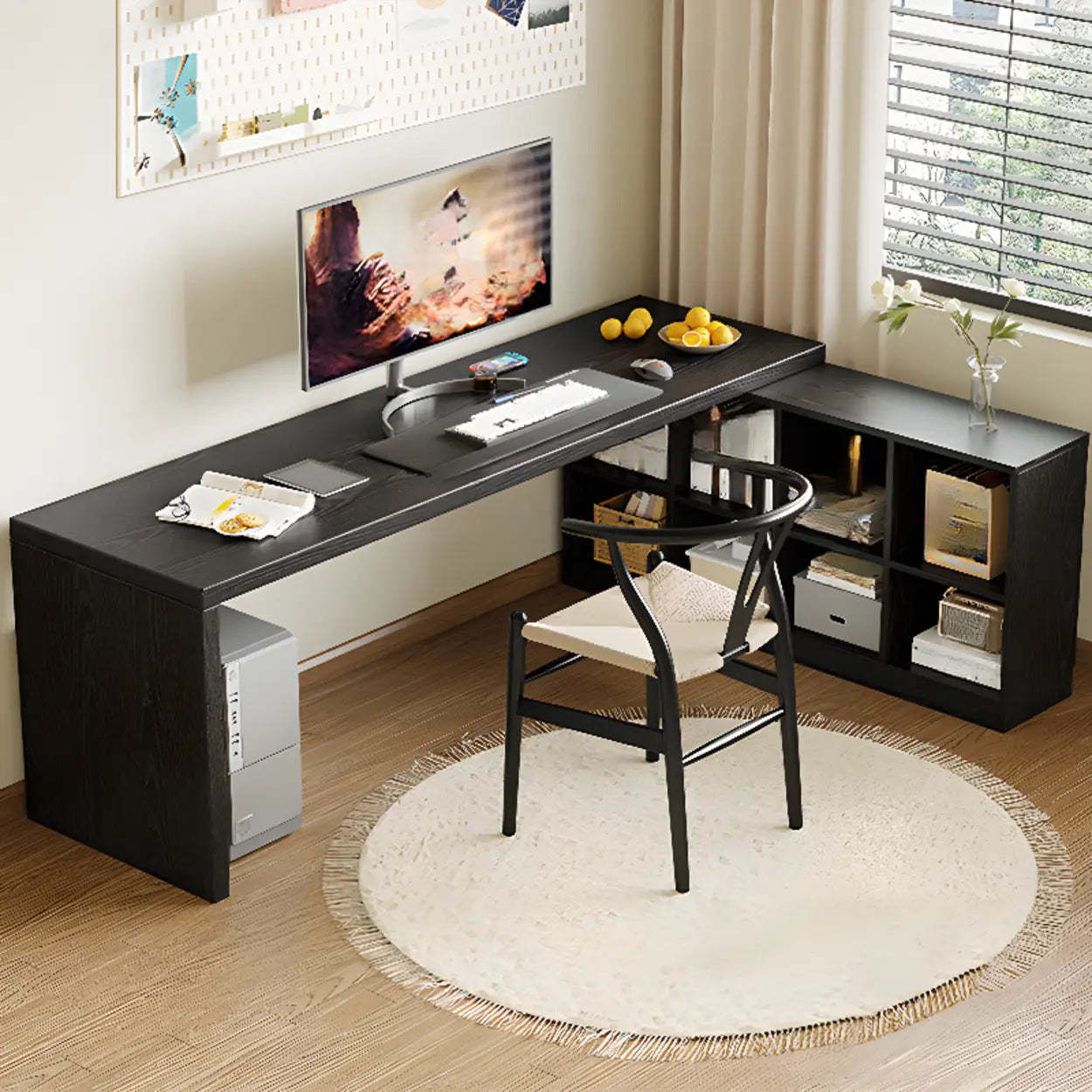 Black Deep L-Shape Wood Computer Desk with Shelves — Table Only