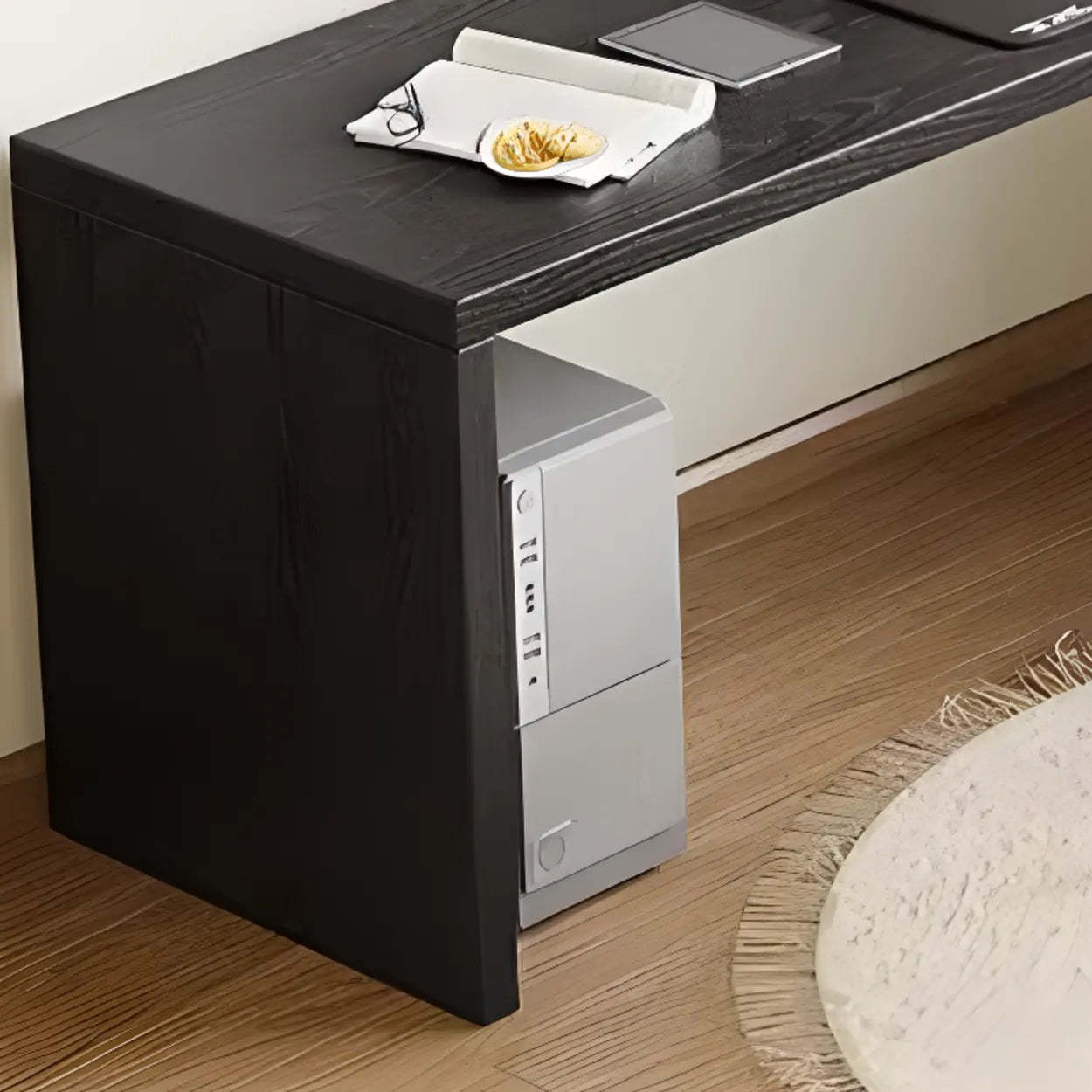 Black Deep L-Shape Wood Computer Desk with Shelves — Table Only