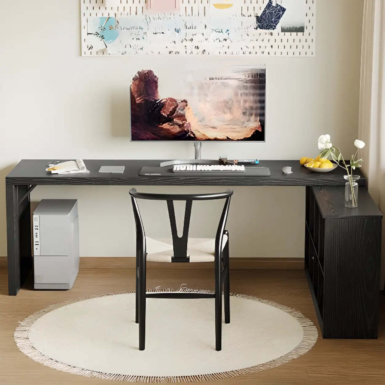 Black Deep L-Shape Wood Computer Desk with Shelves — Table Only