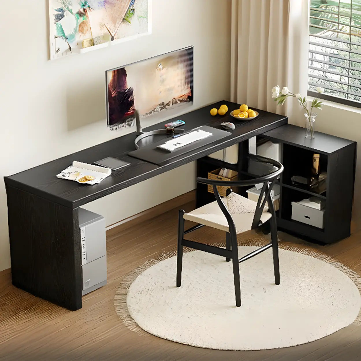 Black Deep L-Shape Wood Computer Desk with Shelves — Table Only