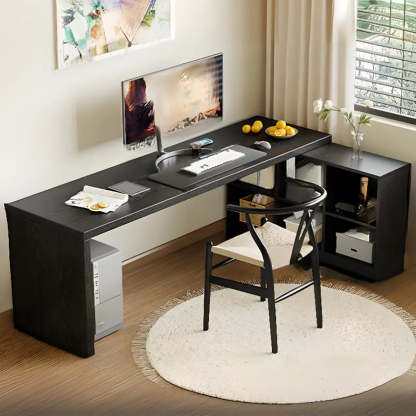 Black Deep L-Shape Wood Computer Desk with Shelves — Table Only