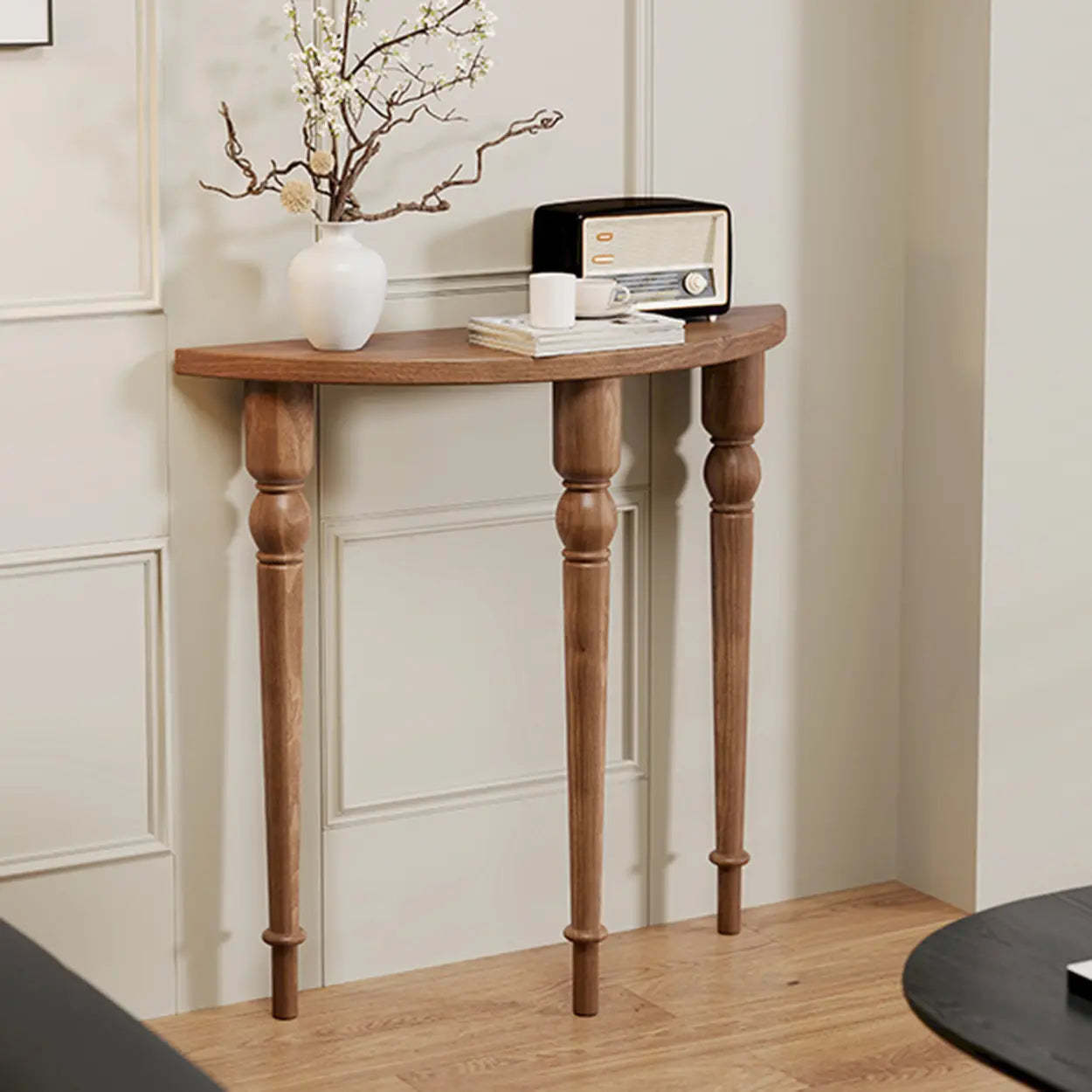 Half-Moon Pine Three-Leg Console Table — White