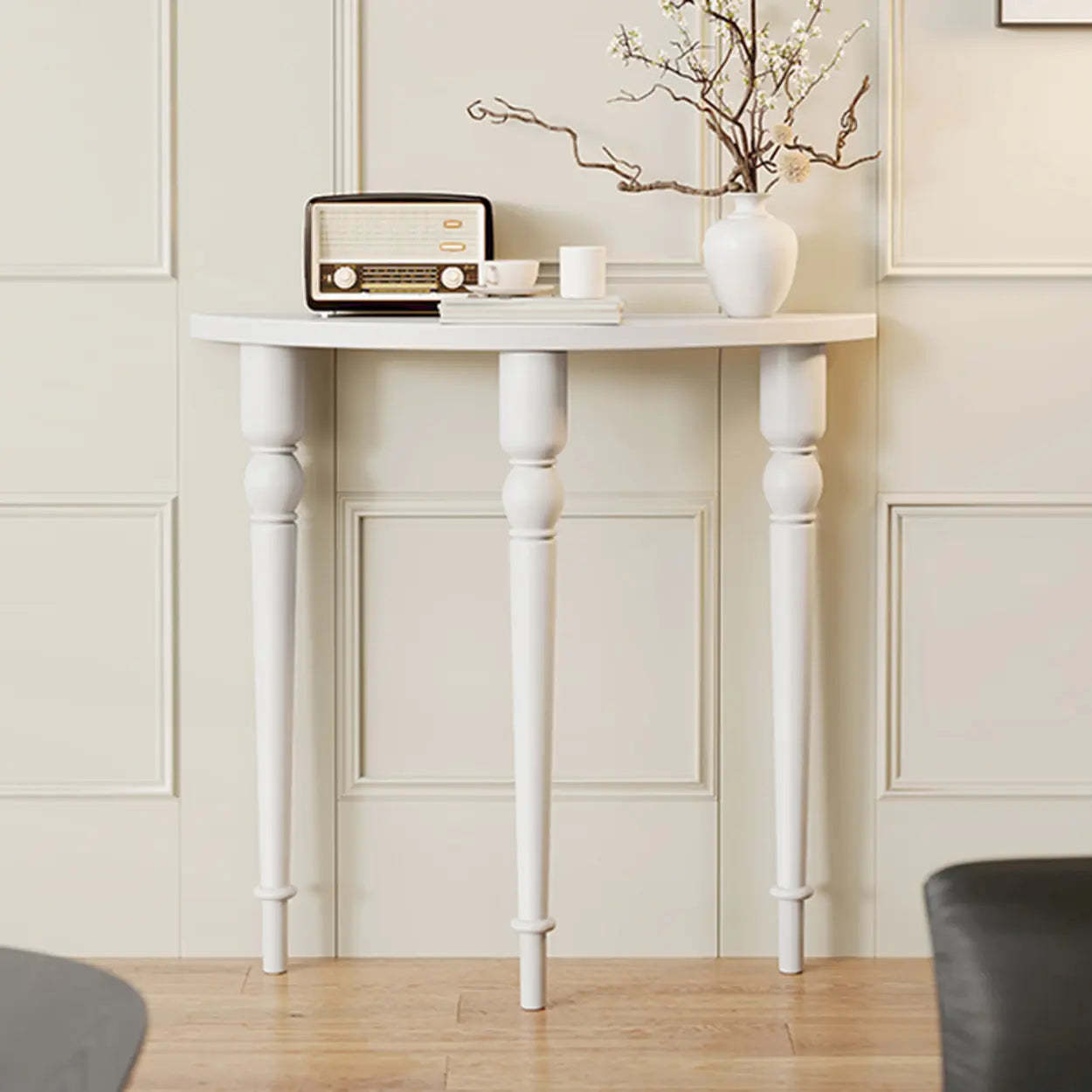 Half-Moon Pine Three-Leg Console Table — Black