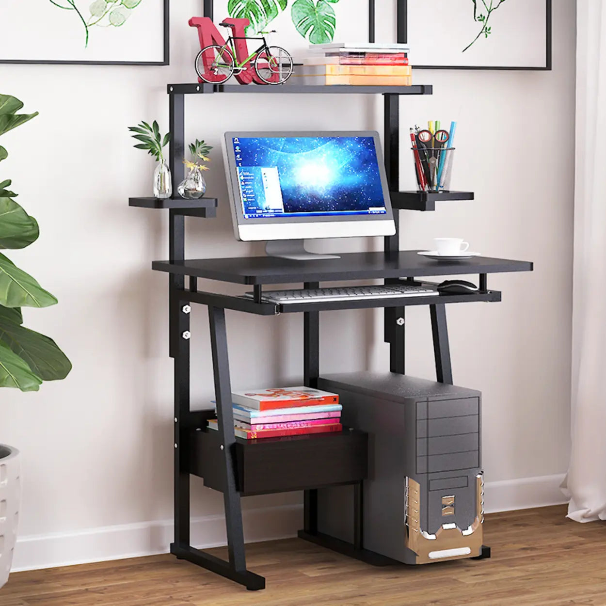 Black Metal Computer Desk with Keyboard Tray