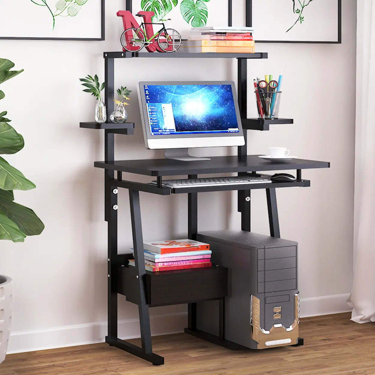 Black Metal Computer Desk with Keyboard Tray — Black Walnut / Without Chairs