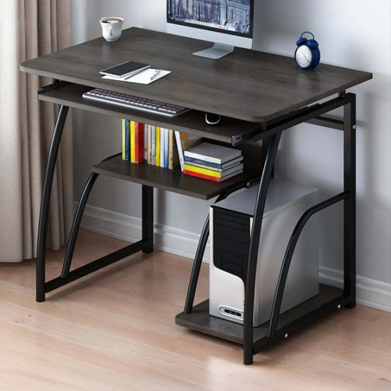 Black Metal Computer Desk with Keyboard Tray — Black Walnut / Without Chairs