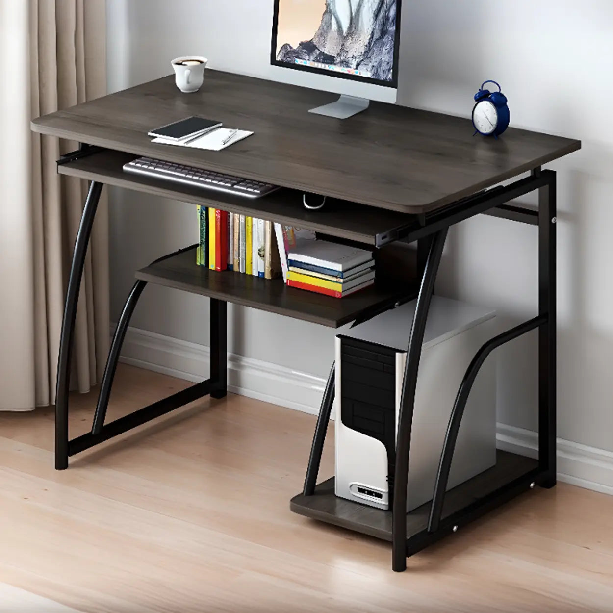Black Metal Computer Desk with Keyboard Tray — Blue / Without Chairs