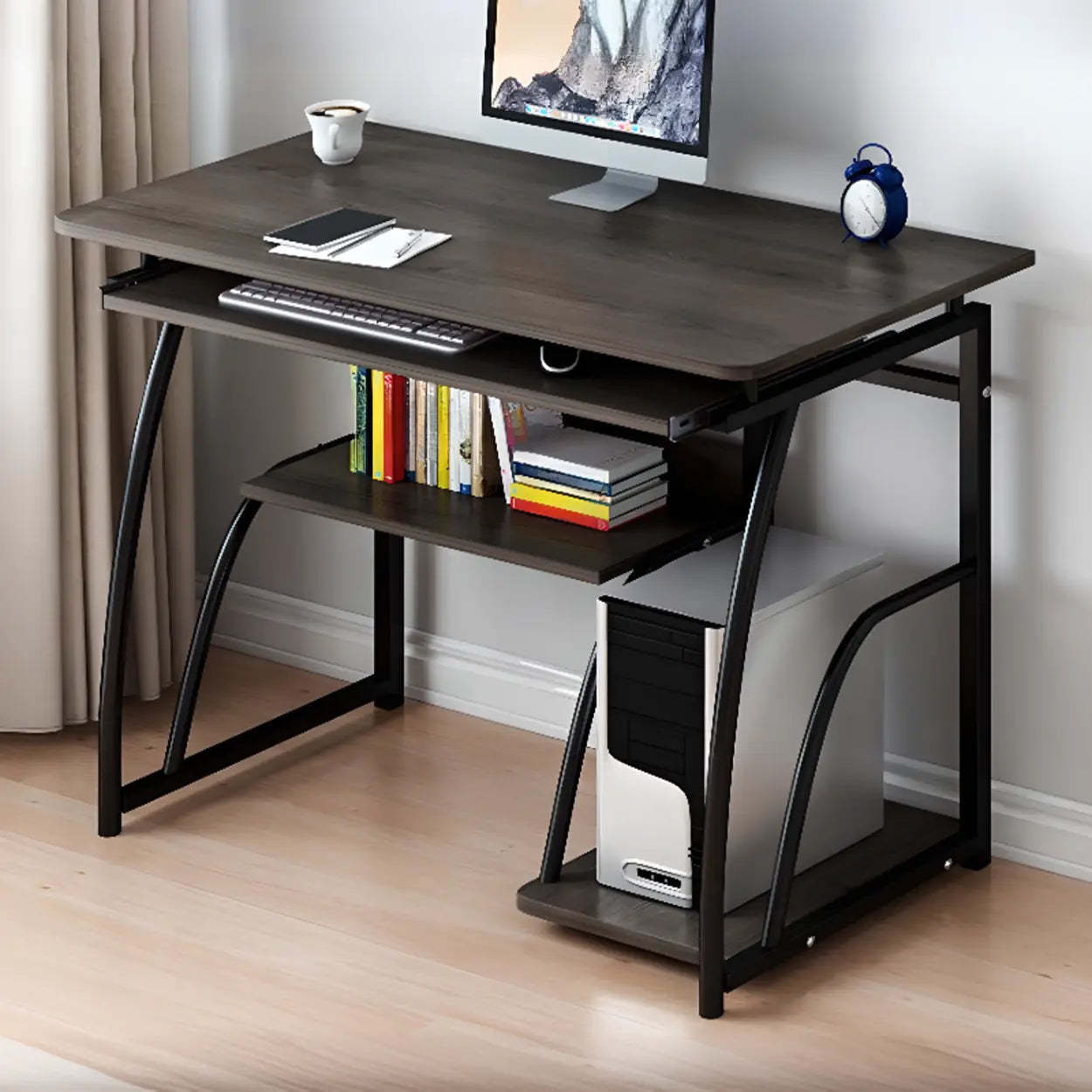 Black Metal Computer Desk with Keyboard Tray — Blue / Without Chairs