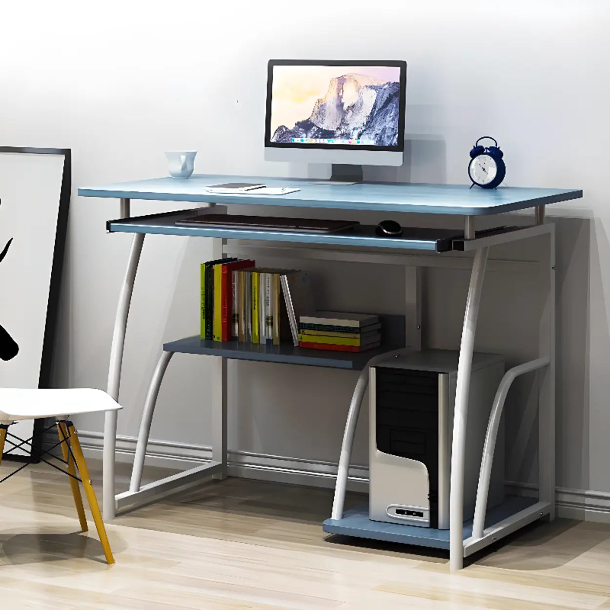 Black Metal Computer Desk with Keyboard Tray — Brown / Without Chairs