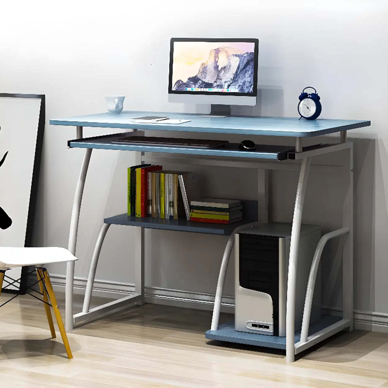 Black Metal Computer Desk with Keyboard Tray — Brown / Without Chairs
