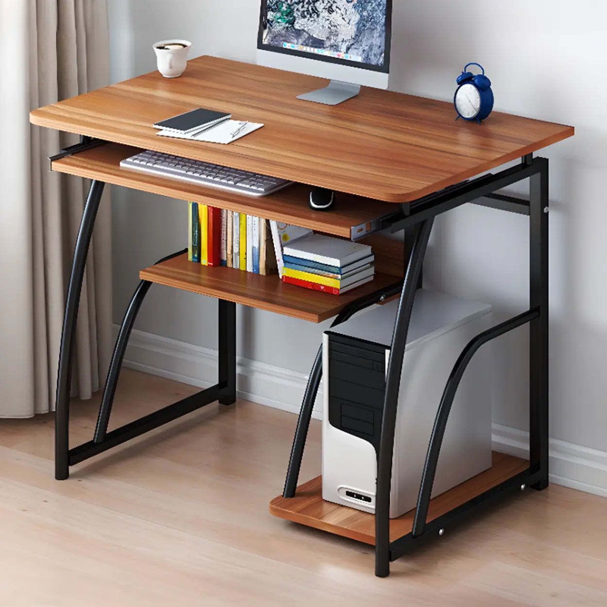 Black Metal Computer Desk with Keyboard Tray — Light Walnut / Without Chairs