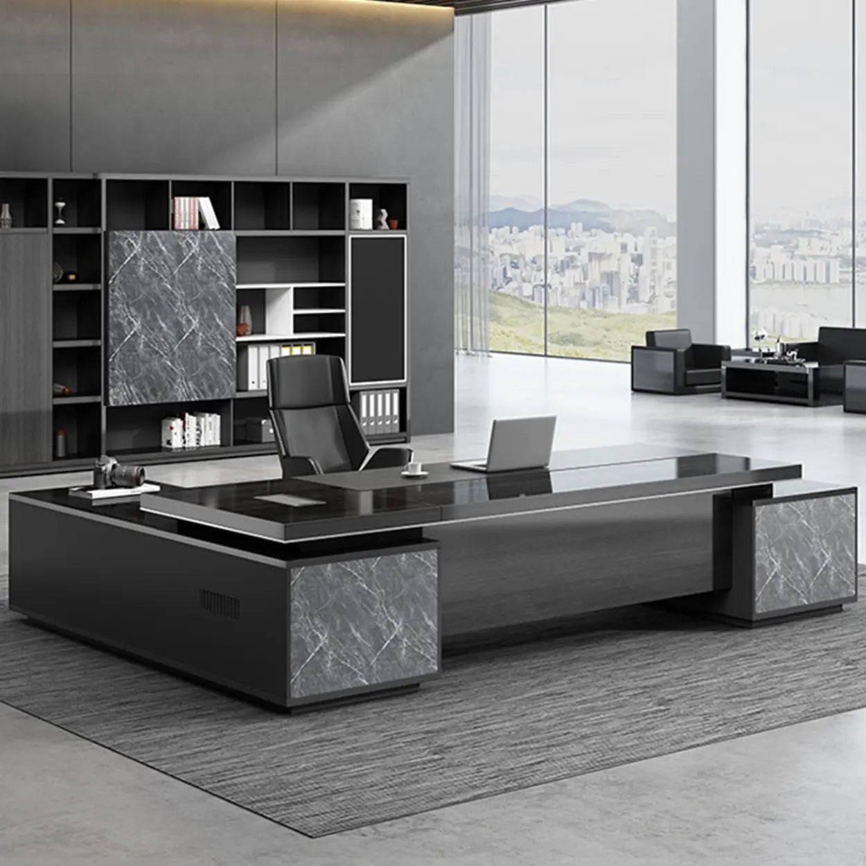 Black Wood L-Shape Long Executive Desk