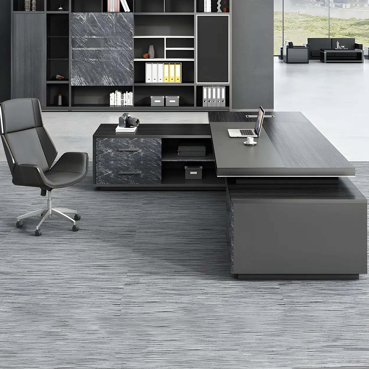 Black Wood L-Shape Long Executive Desk