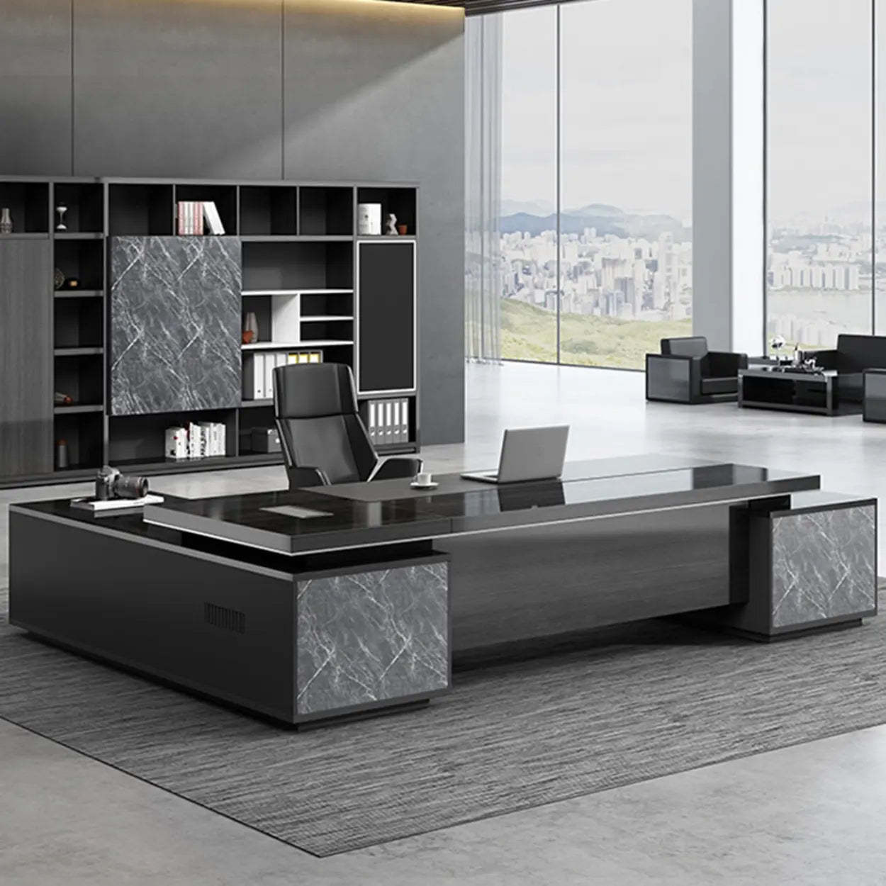 Black Wood L-Shape Long Executive Desk — Left Hand Return / Table Only
