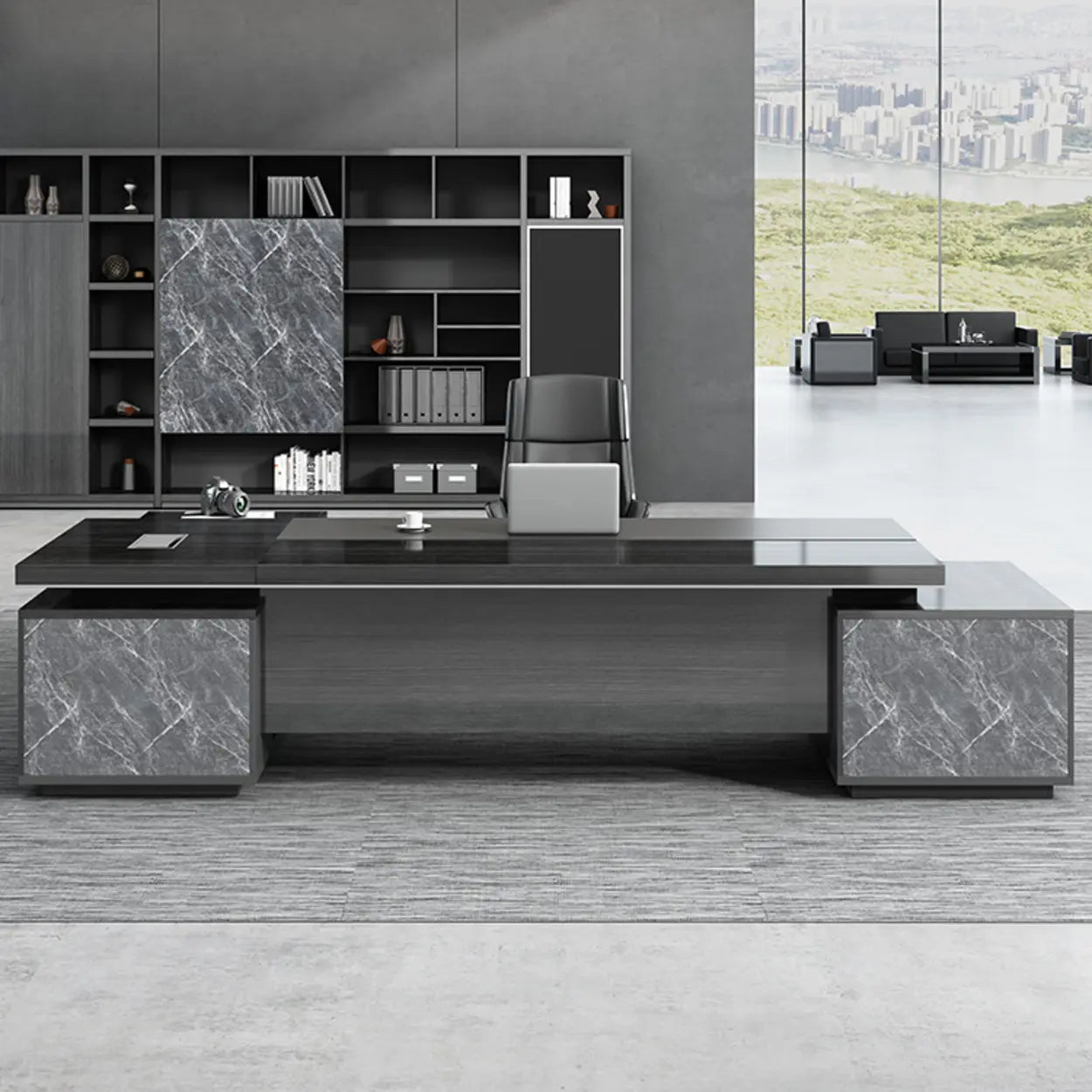 Black Wood L-Shape Long Executive Desk — Right Hand Return / Table Only