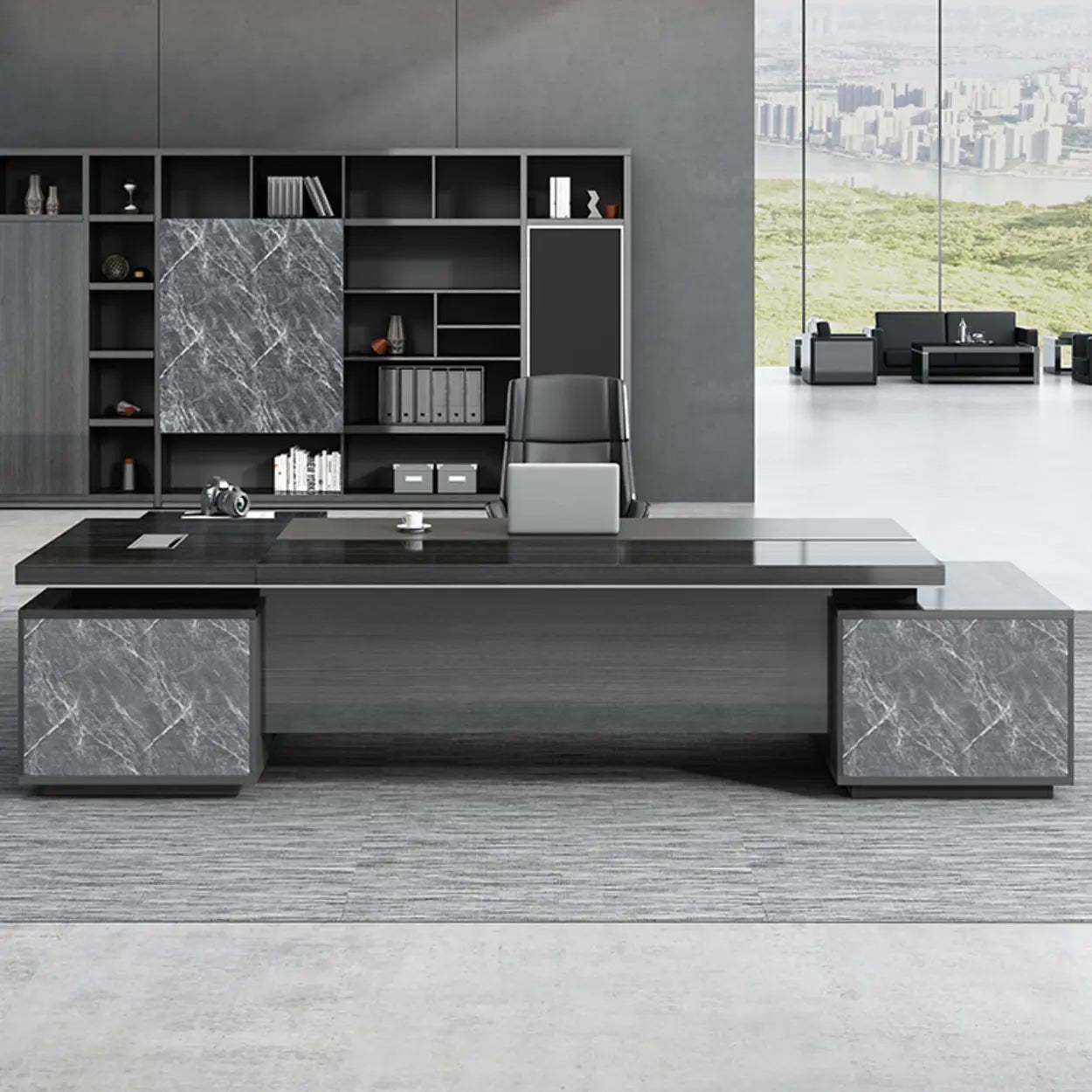 Black Wood L-Shape Long Executive Desk — Right Hand Return / Table Only