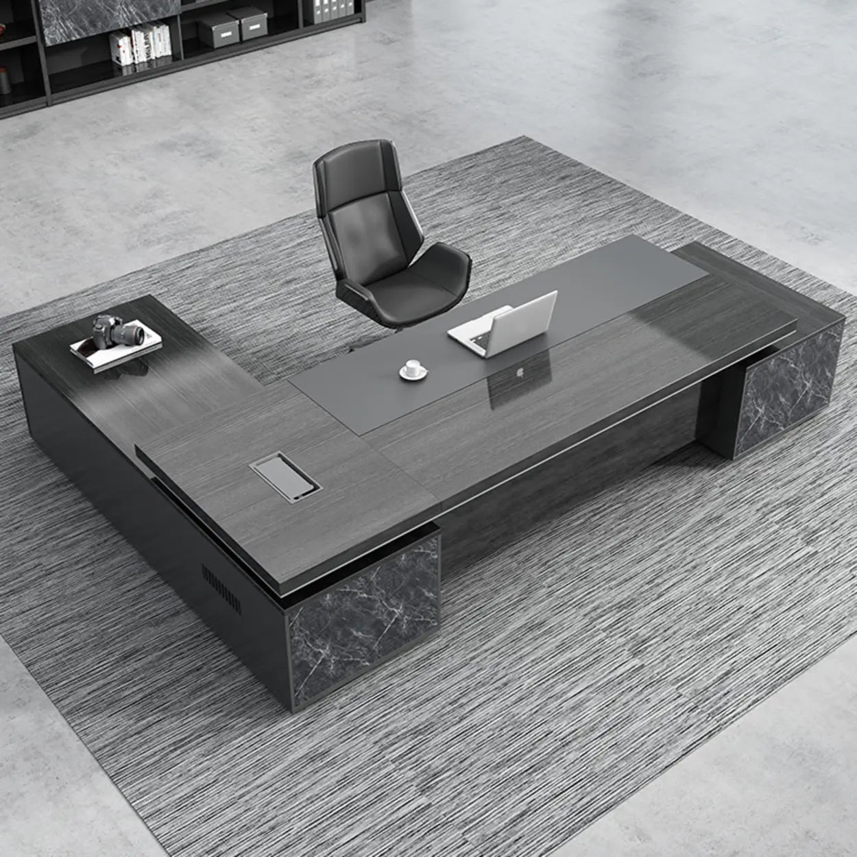 Black Wood L-Shape Long Executive Desk — Left Hand Return / Table Only