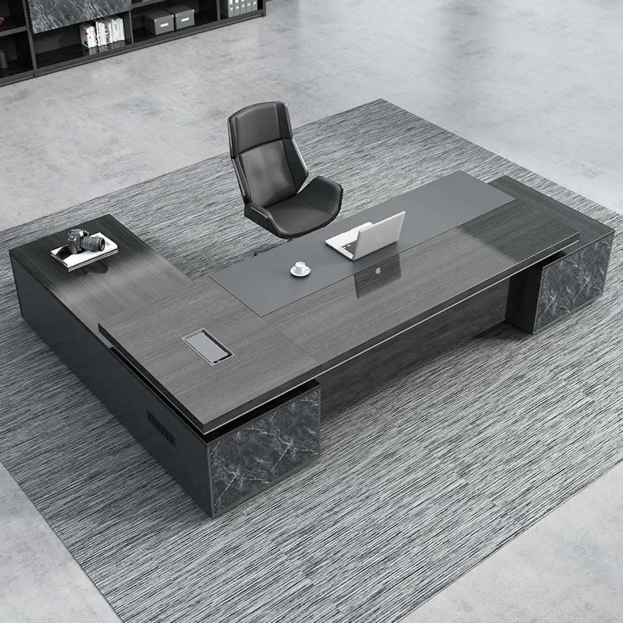 Black Wood L-Shape Long Executive Desk — Left Hand Return / Table Only