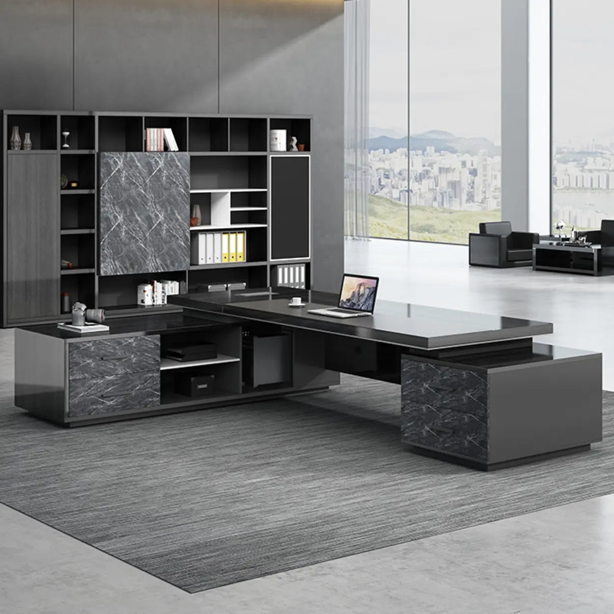Black Wood L-Shape Long Executive Desk — Right Hand Return / Table Only
