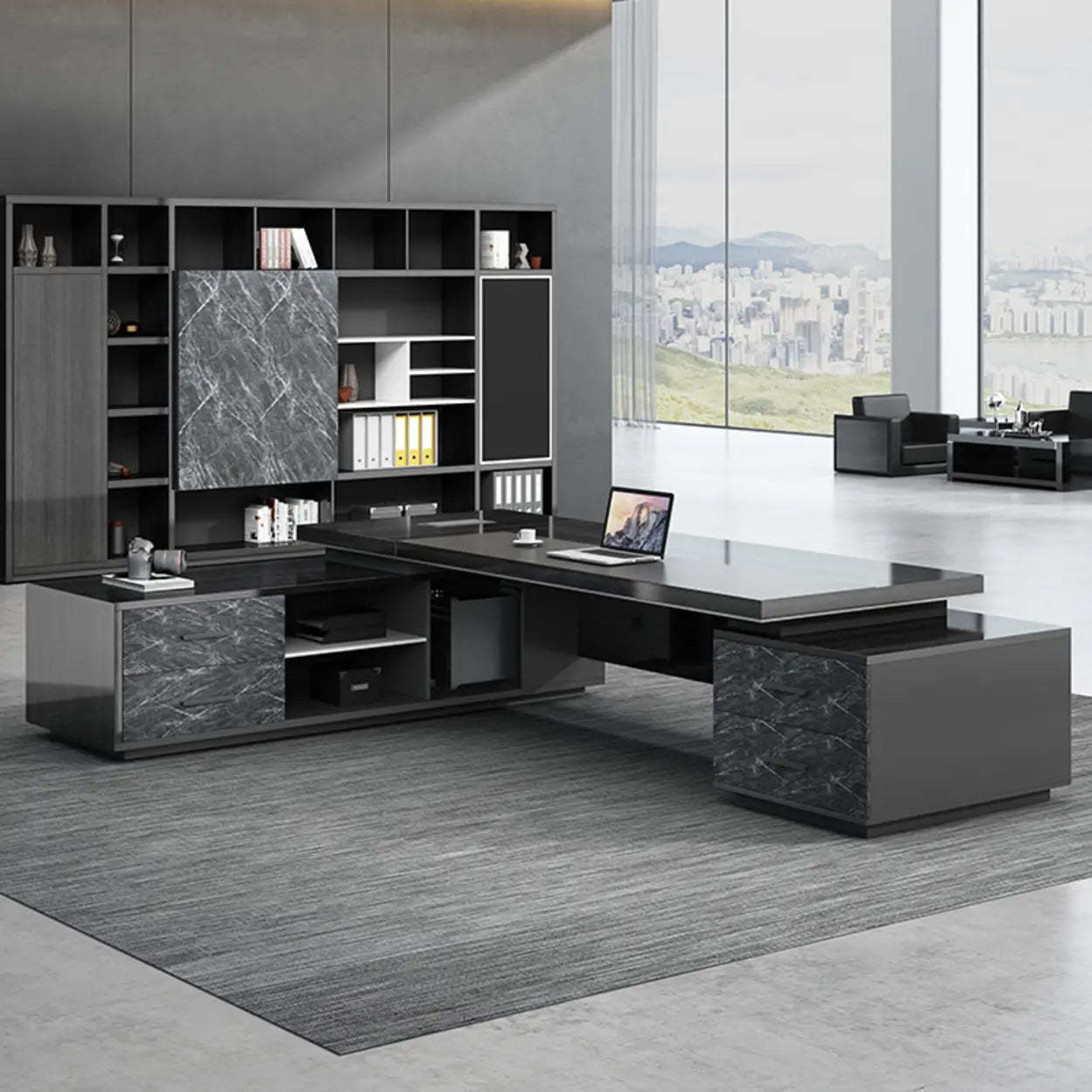 Black Wood L-Shape Long Executive Desk — Right Hand Return / Table Only