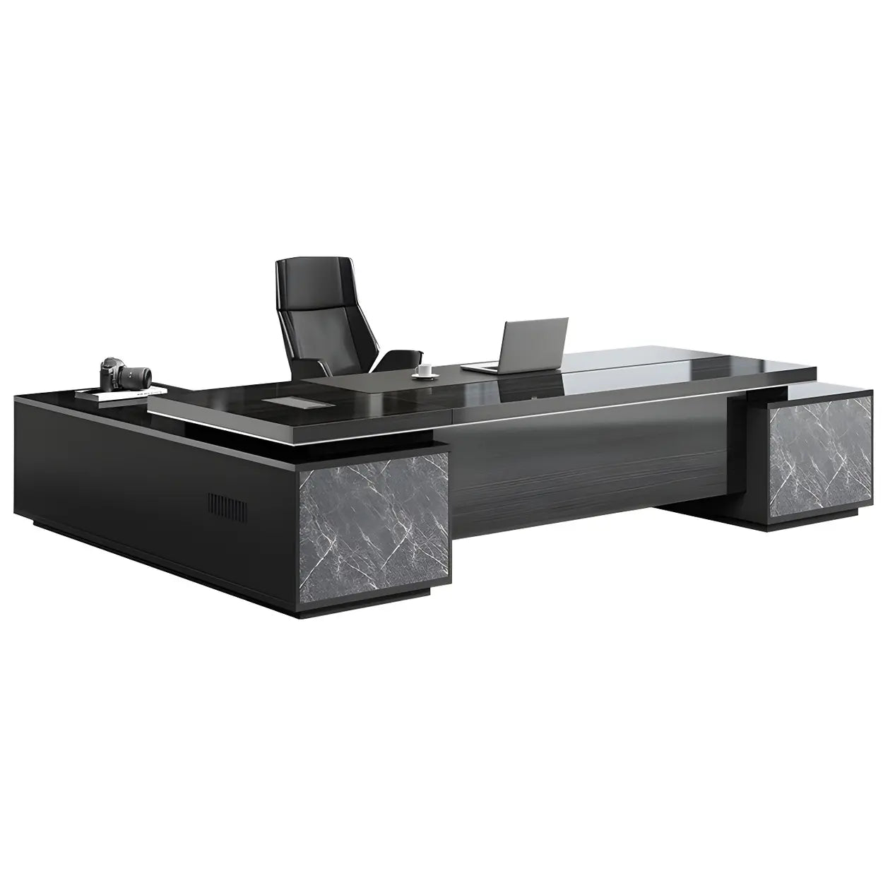 Black Wood L-Shape Long Executive Desk — Left Hand Return / Table Only
