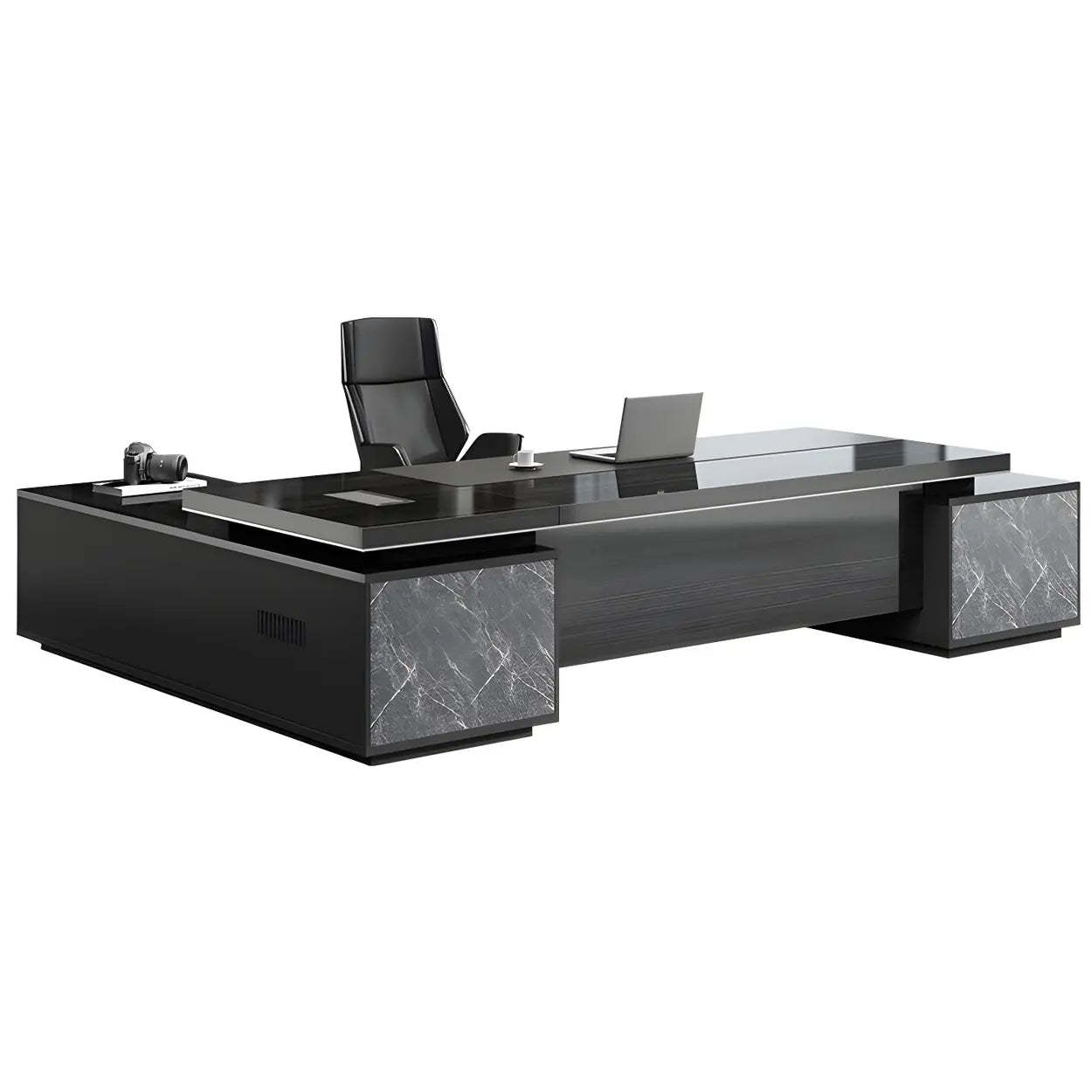 Black Wood L-Shape Long Executive Desk — Left Hand Return / Table Only