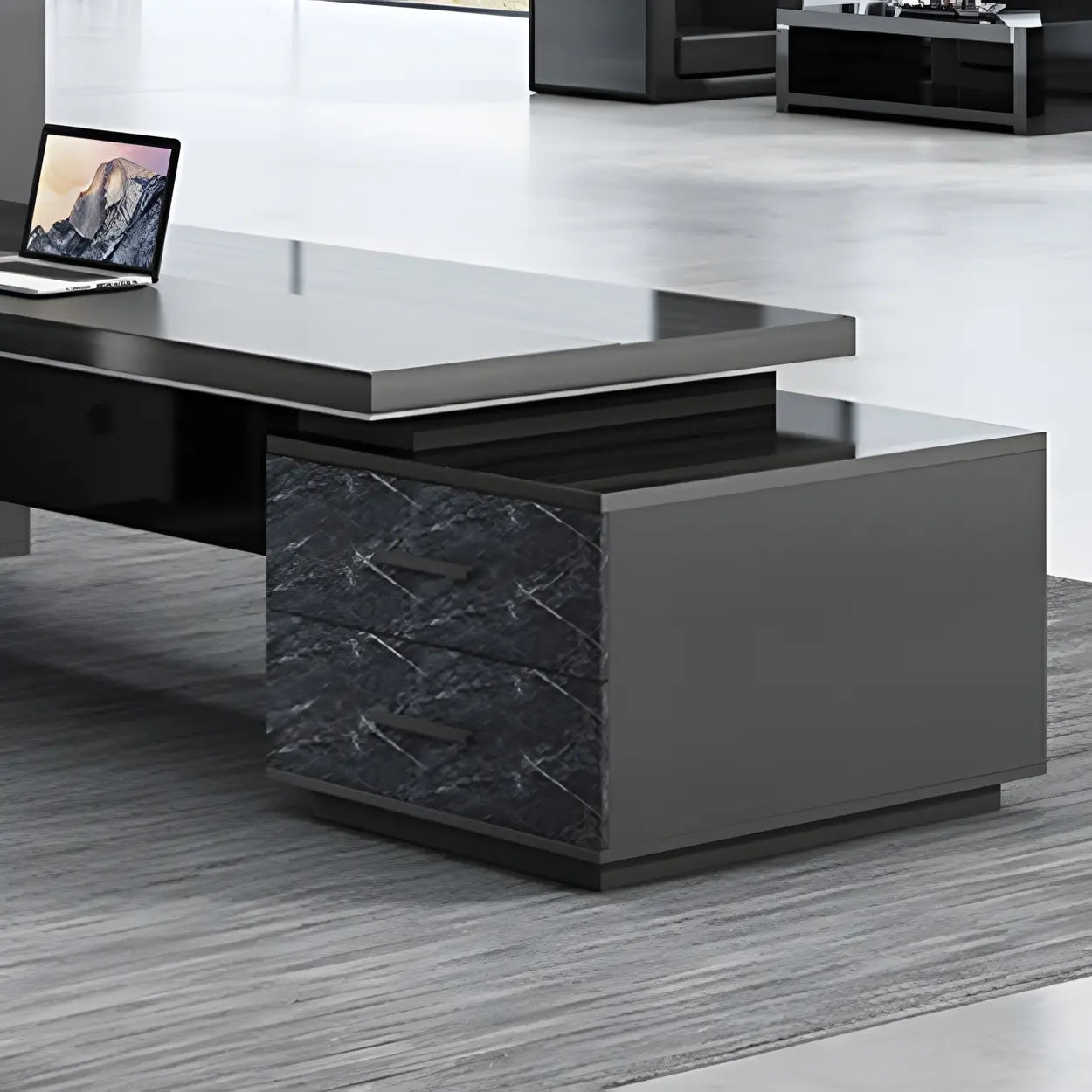 Black Wood L-Shape Long Executive Desk — Right Hand Return / Table Only