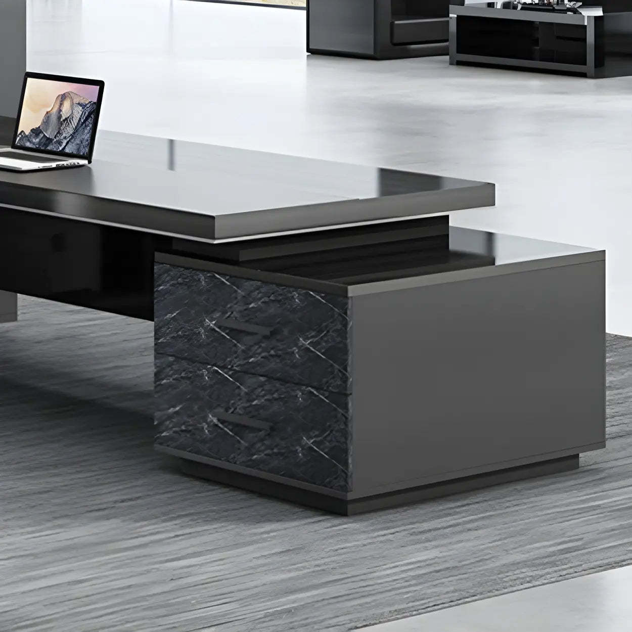 Black Wood L-Shape Long Executive Desk — Right Hand Return / Table Only