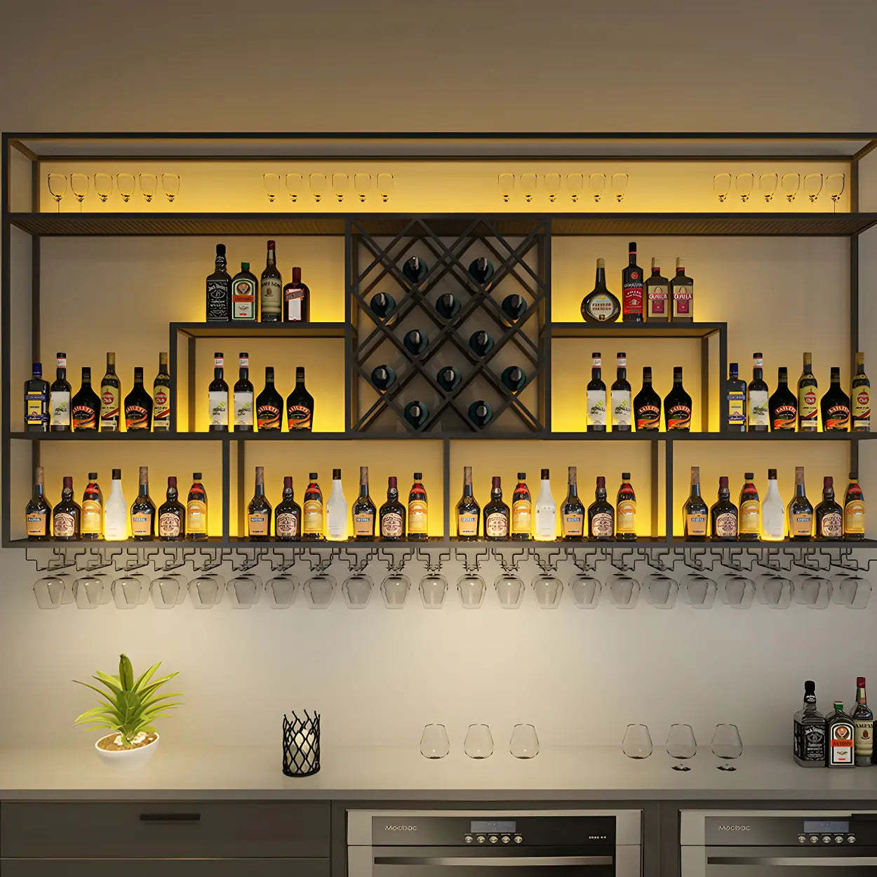 Black Floating Iron Wall-Mount Wine Rack — With Light / 1 Piece