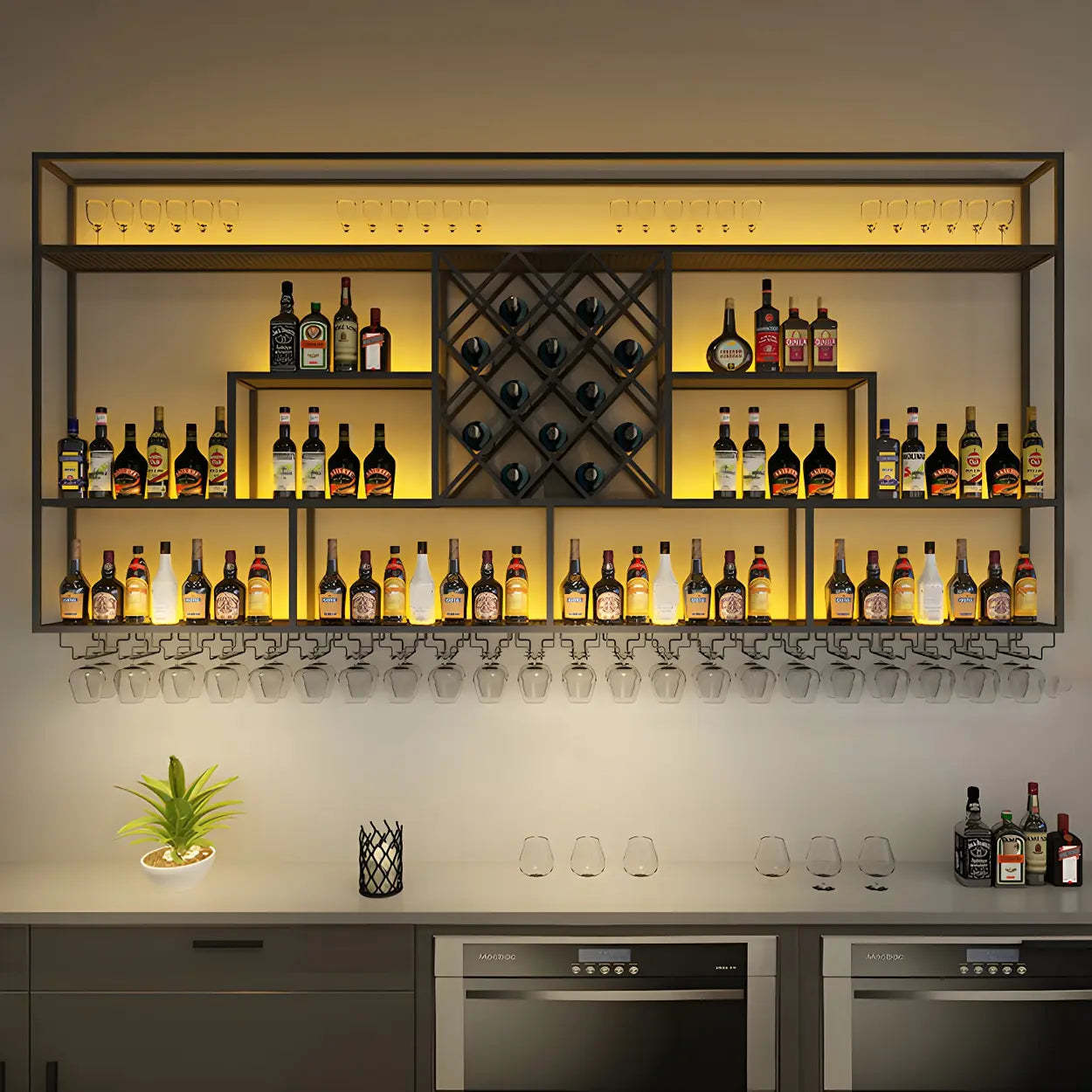 Black Floating Iron Wall-Mount Wine Rack — With Light / 2 Piece Set
