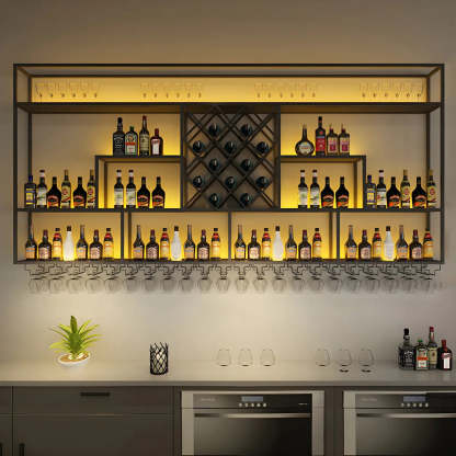 Black Floating Iron Wall-Mount Wine Rack — With Light / 2 Piece Set