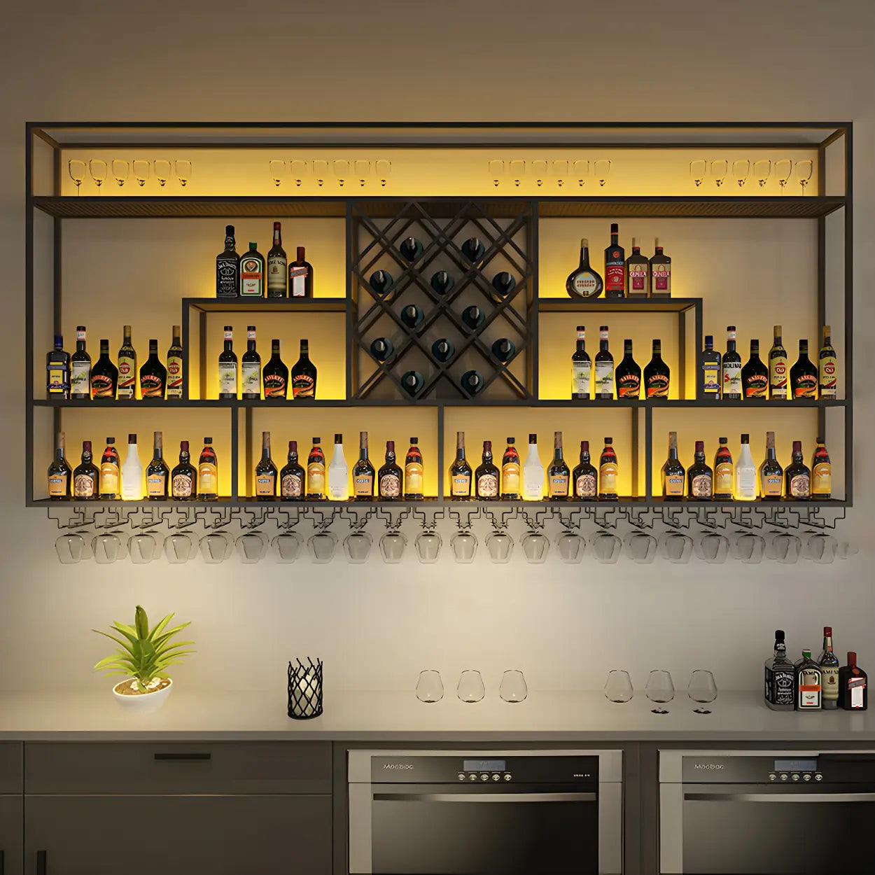 Black Floating Iron Wall-Mount Wine Rack — Without Light / 4 Piece Set