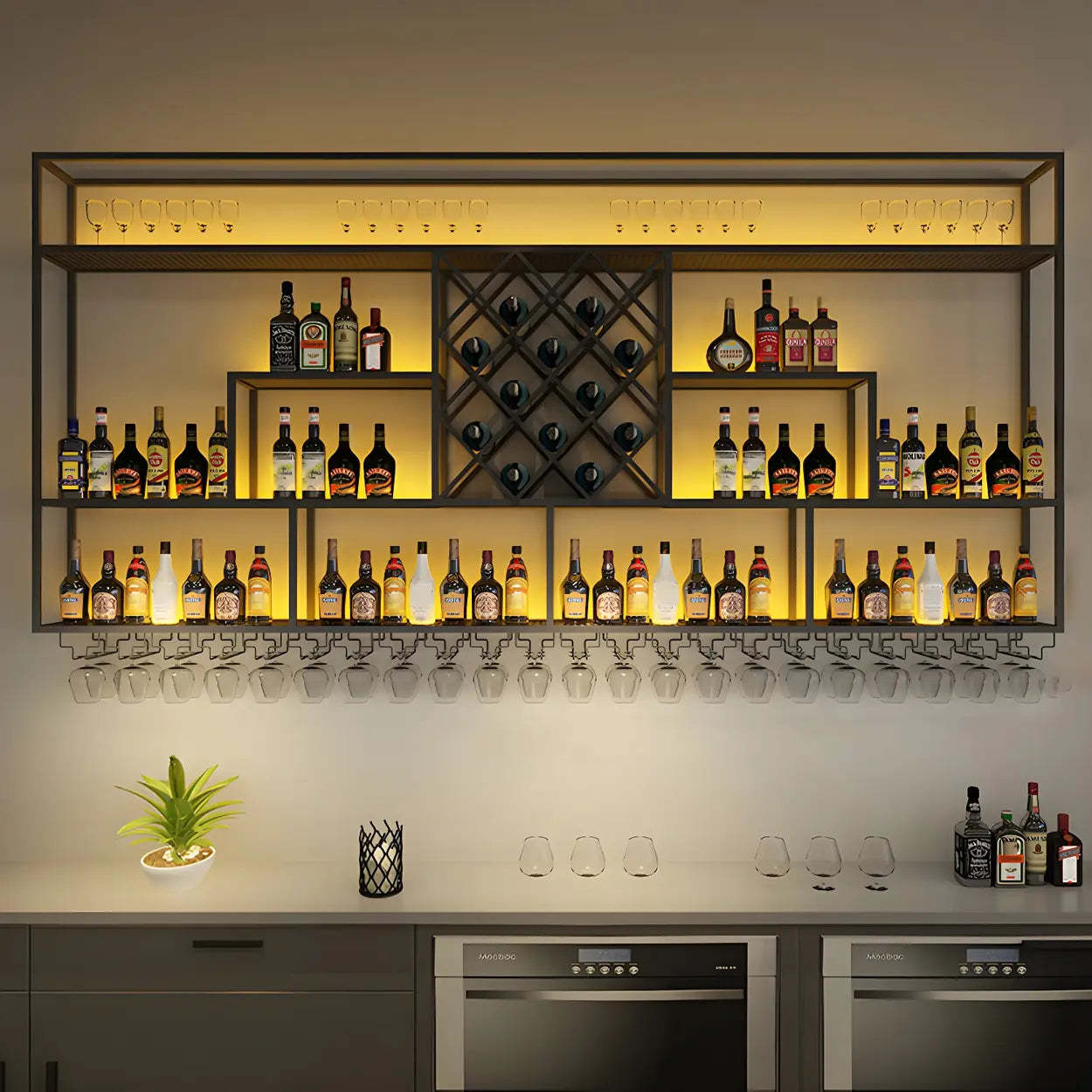 Black Floating Iron Wall-Mount Wine Rack — Without Light / 4 Piece Set